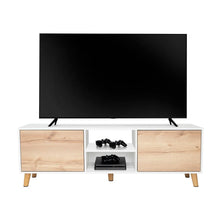 Mesa para Tv Tory, Blanco Nevado y Café Claro, con dos Puertas y Entrepaño