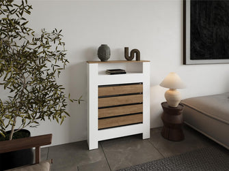 Cubierta para Radiador Mistral, Blanco Duqueza y Fresno Europeo, cuenta con espacio para colocar objetos decorativos ZF