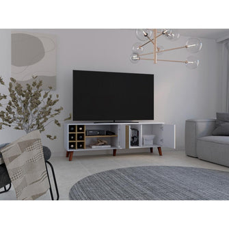 Mesa para TV Lannez, Blanco Duqueza y Fresno Europeo, con dos puertas abatibles 65"