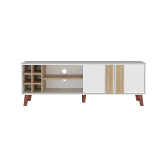Mesa para TV Lannez, Blanco Duqueza y Fresno Europeo, con dos puertas abatibles 65"