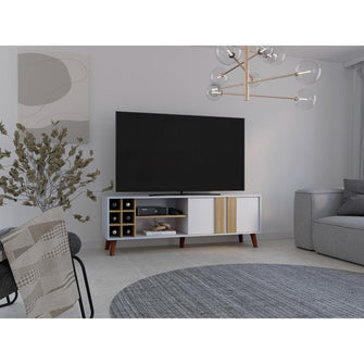 Mesa para TV Lannez, Blanco Duqueza y Fresno Europeo, con dos puertas abatibles 65"