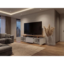 Mesa Para Tv Serena, Blanco Duqueza y Fresno Europeo, Para Televisor Hasta 65"
