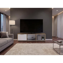 Mesa Para Tv Dorne, Fresno Europeo y Blanco, Con Puerta Abatible, Para Televisor Hasta 65"