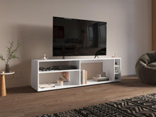 Mesa para TV Sunta, Blanco Duqueza, con amplios espacios para ubicar dispositivos de entretenimiento 70"