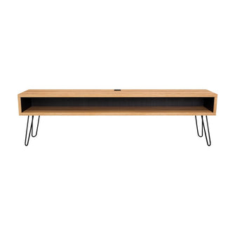 Mesa Para Tv Ralf, Fresno Europeo y Wengue, con patas metálicas y espacio de tv hasta 70 pulgadas