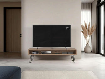 Mesa Para Tv Ralf, Miel, con patas metálicas y espacio de tv hasta 70 pulgadas