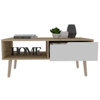 Mesa de Centro Raichel, Café Claro y Blanco, con Patas de Madera y Amplios Espacios Para Elementos Decorativos ZF