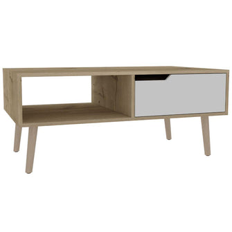 Mesa de Centro Raichel, Café Claro y Blanco, con Patas de Madera y Amplios Espacios Para Elementos Decorativos ZF