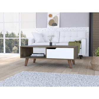 Mesa de Centro Raichel, Nogal y Blanco, con Patas de Madera y Amplios Espacios Para Elementos Decorativos  ZF