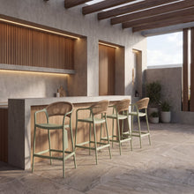 Silla para Bar Bali, Verde, Con espaldar en cuerdas y diseño Moderno X4