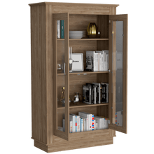 Vitrina Auxiliar Nereida, Miel, con Dos Puertas Abatibles y Múltiples Entrepaños