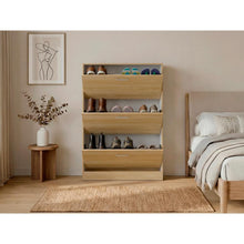 Zapatero Merlín, Fresno Europeo y Blanco, con Tres Puertas Abatibles con Manijas Metálicas