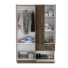 Closet Zoa, Chocolate y Blanco, con Cuatro Puertas Batientes, Un Cajón y Un Tubo Para Colgar Ropa