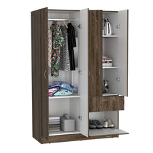 Closet Zoa, Chocolate y Blanco, con Cuatro Puertas Batientes, Un Cajón y Un Tubo Para Colgar Ropa