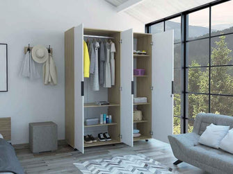 Closet Wesley con Espejo, Beige y Blanco, con Un Tubo Cromado y Amplio Espacio Para Organizar