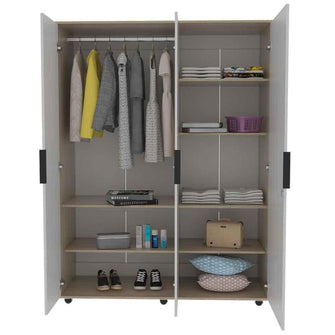 Closet Wesley con Espejo, Beige y Blanco, con Un Tubo Cromado y Amplio Espacio Para Organizar
