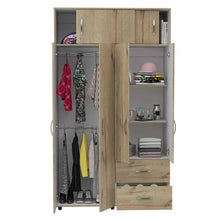 Closet Macarena, Café Claro y Blanco, con Dos Puertas Corredizas y Variedad de Entrepaños