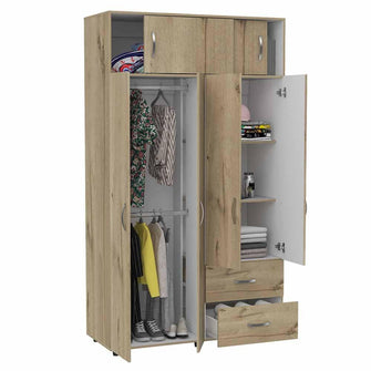 Closet Macarena, Café Claro y Blanco, con Dos Puertas Corredizas y Variedad de Entrepaños
