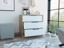 Organizador Wesley, Café Claro y Blanco, con Tres Cajones Multiusos y Manijas Metálicas