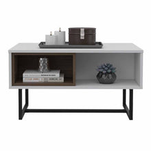 Mesa de Centro Amaranta, Blanco Perla y Castaño, con Amplio Espacio y Patas Metálicas