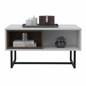 Mesa de Centro Amaranta, Blanco Perla y Castaño, con Amplio Espacio y Patas Metálicas