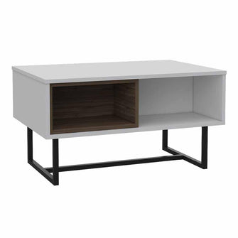 Mesa de Centro Amaranta, Blanco Perla y Castaño, con Amplio Espacio y Patas Metálicas