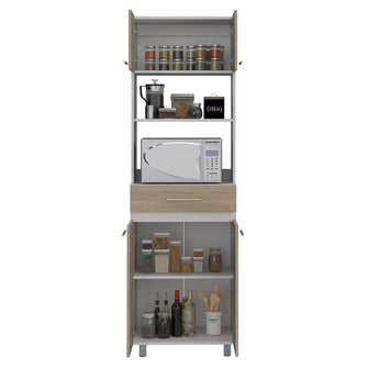 Módulo Microondas Prada 2, Beige y Blanco, con Rodachinas y Variedad de Entrepaños